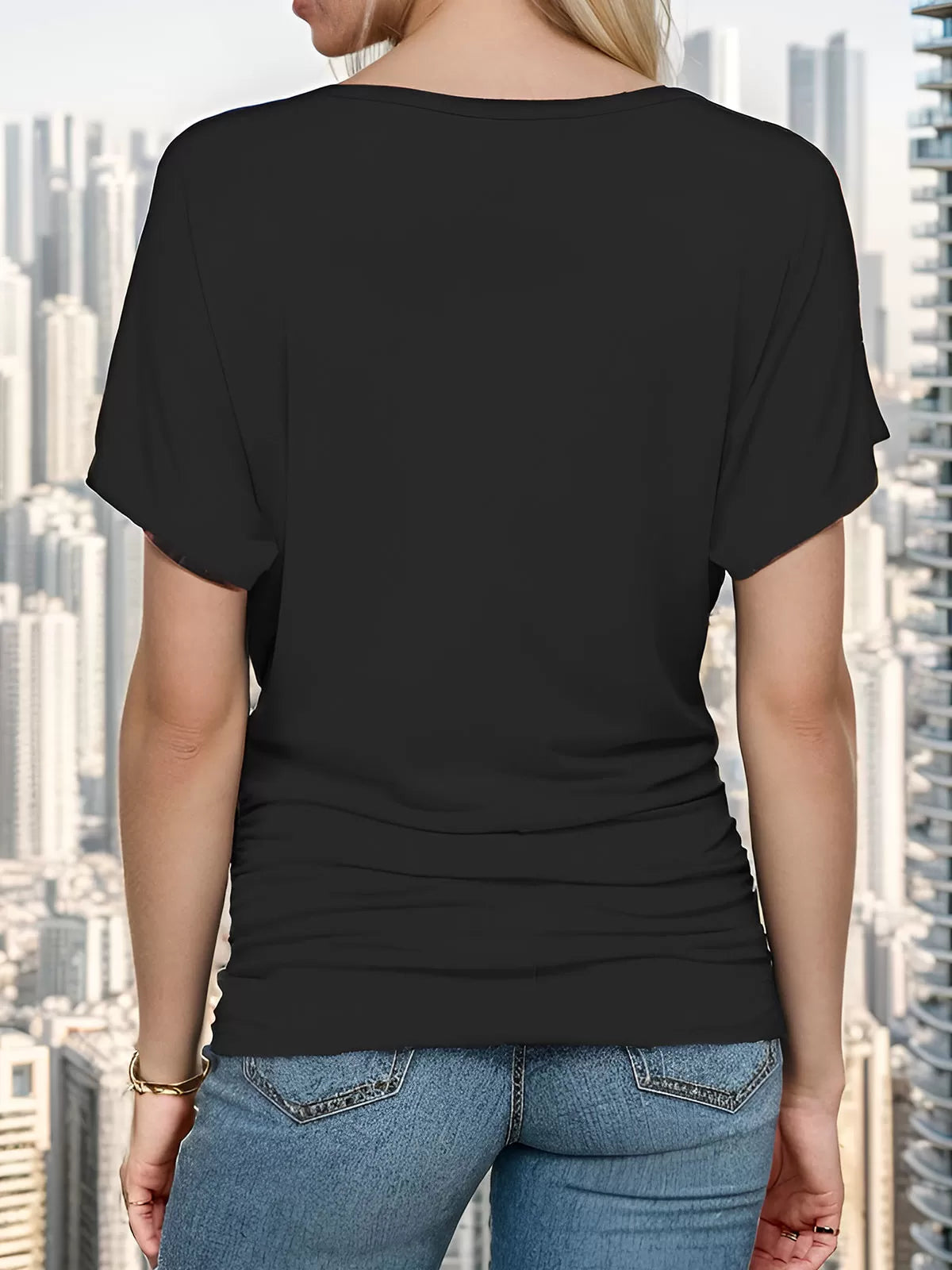 Wrinkle Round Neck Batwing Short Sleeve T-shirt