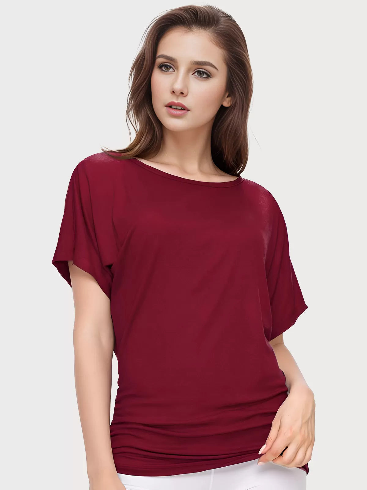 Wrinkle Round Neck Batwing Short Sleeve T-shirt