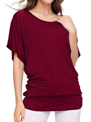 Wrinkle Round Neck Batwing Short Sleeve T-shirt