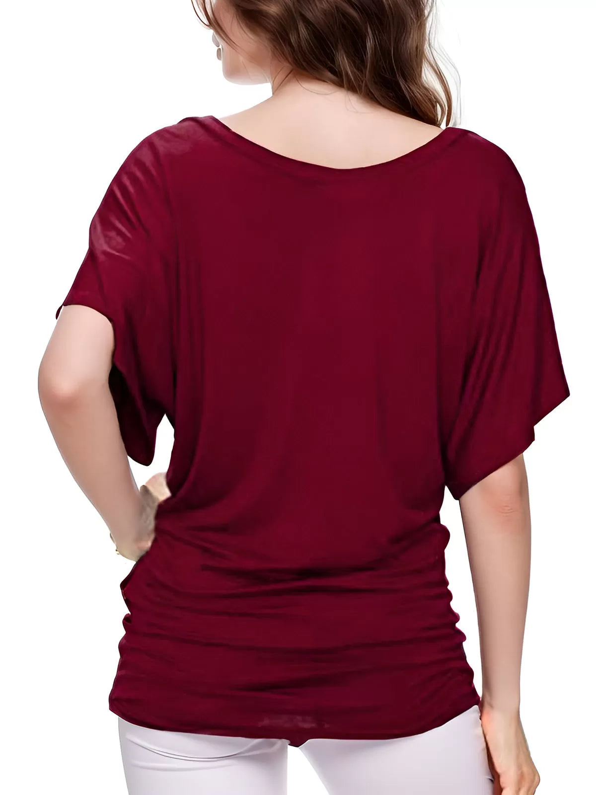 Wrinkle Round Neck Batwing Short Sleeve T-shirt