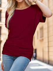 Wrinkle Round Neck Batwing Short Sleeve T-shirt