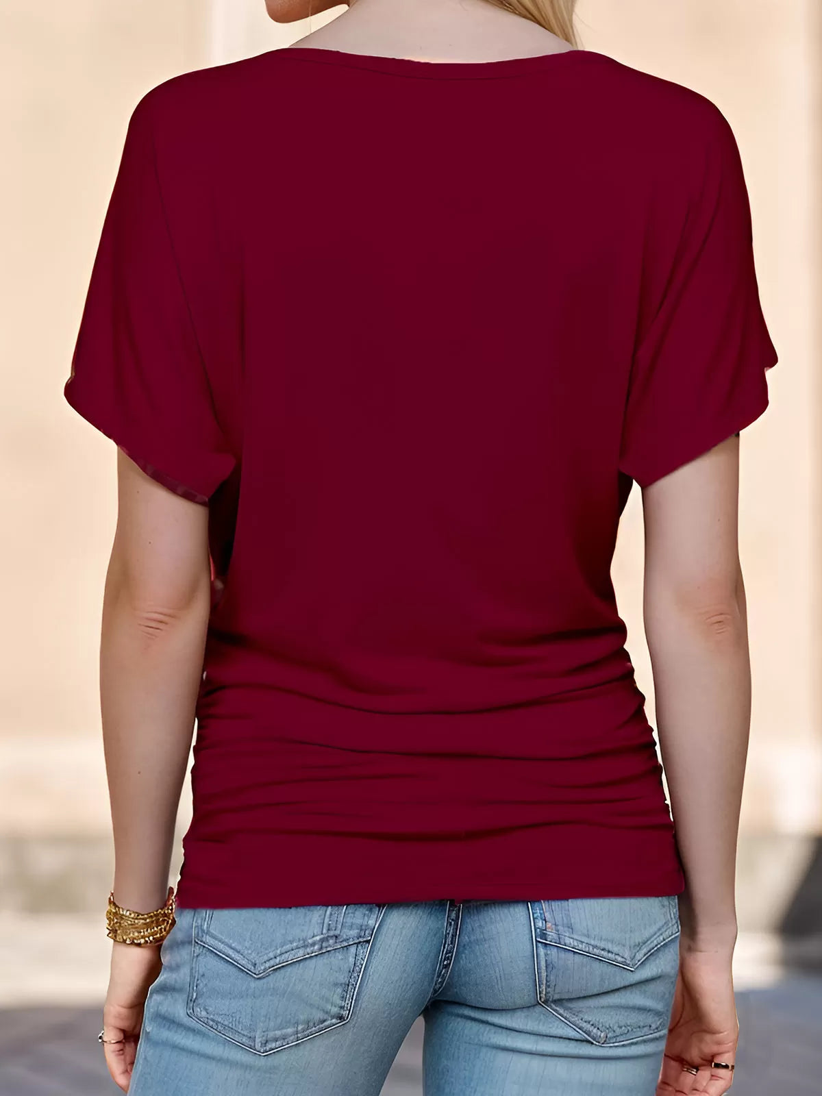 Wrinkle Round Neck Batwing Short Sleeve T-shirt