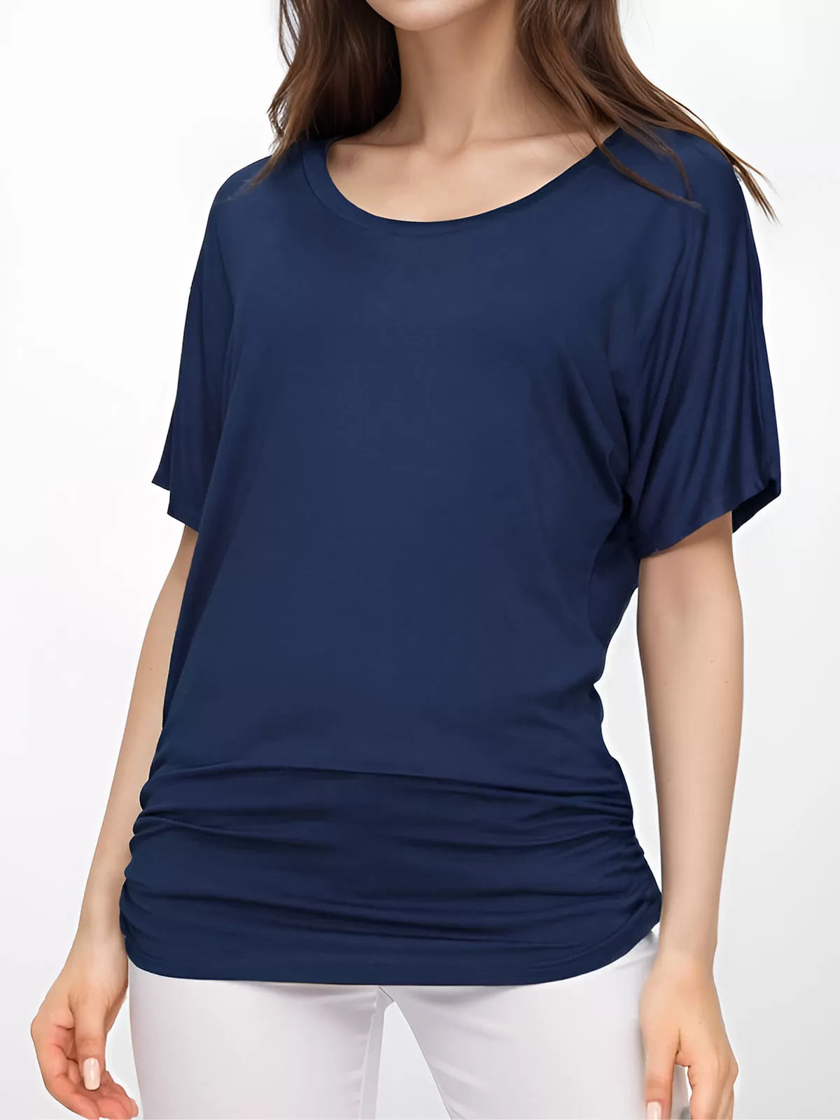 Wrinkle Round Neck Batwing Short Sleeve T-shirt