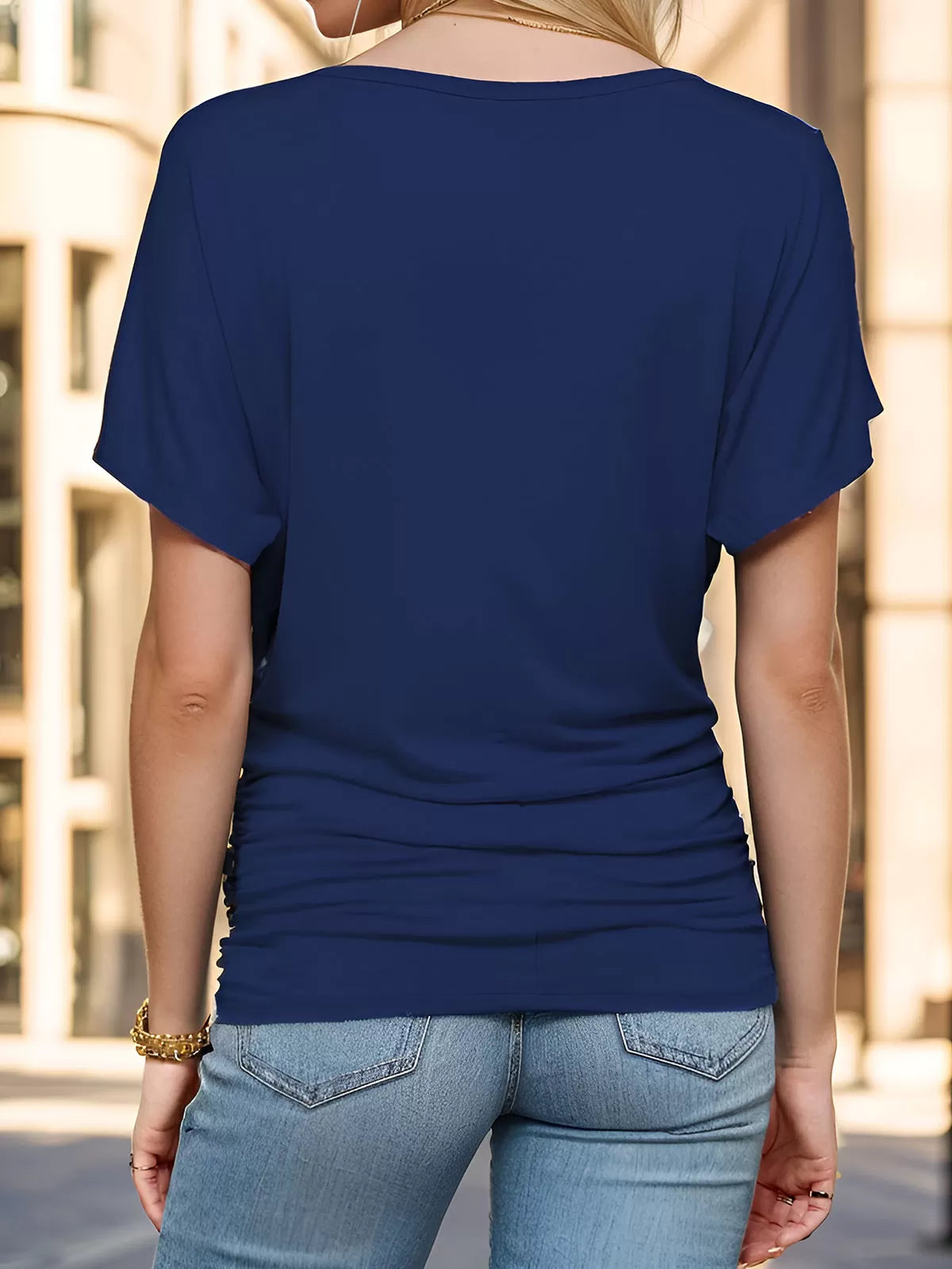 Wrinkle Round Neck Batwing Short Sleeve T-shirt