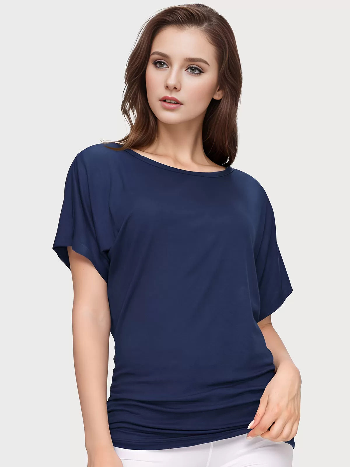Wrinkle Round Neck Batwing Short Sleeve T-shirt