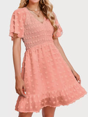 Wrinkle V-neck Flounce A-line Dress