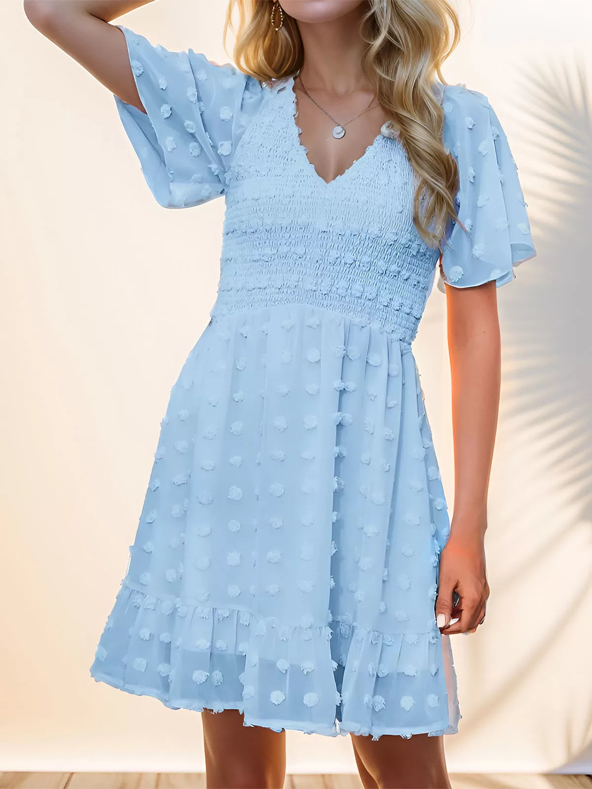 Wrinkle V-neck Flounce A-line Dress
