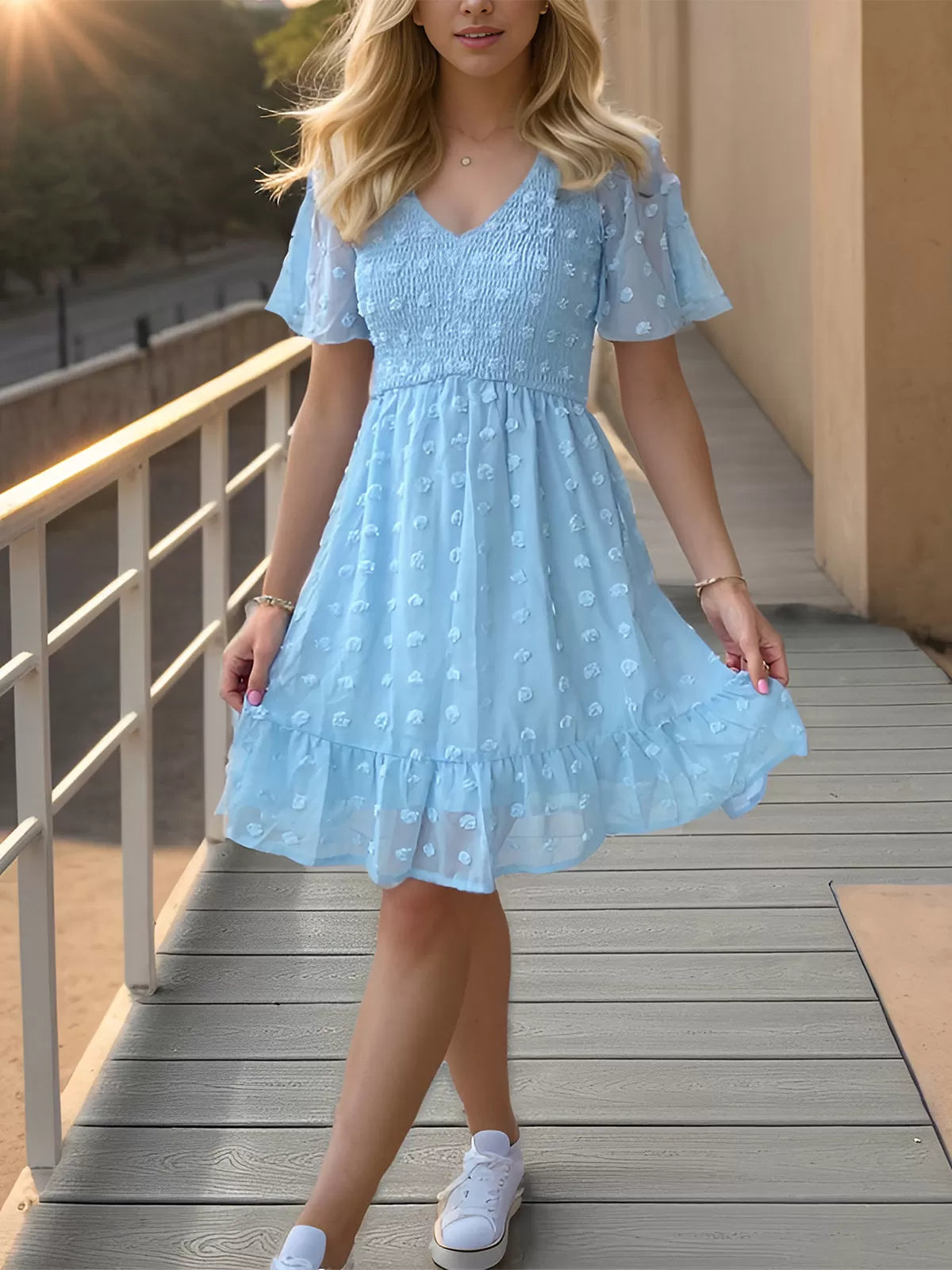 Wrinkle V-neck Flounce A-line Dress