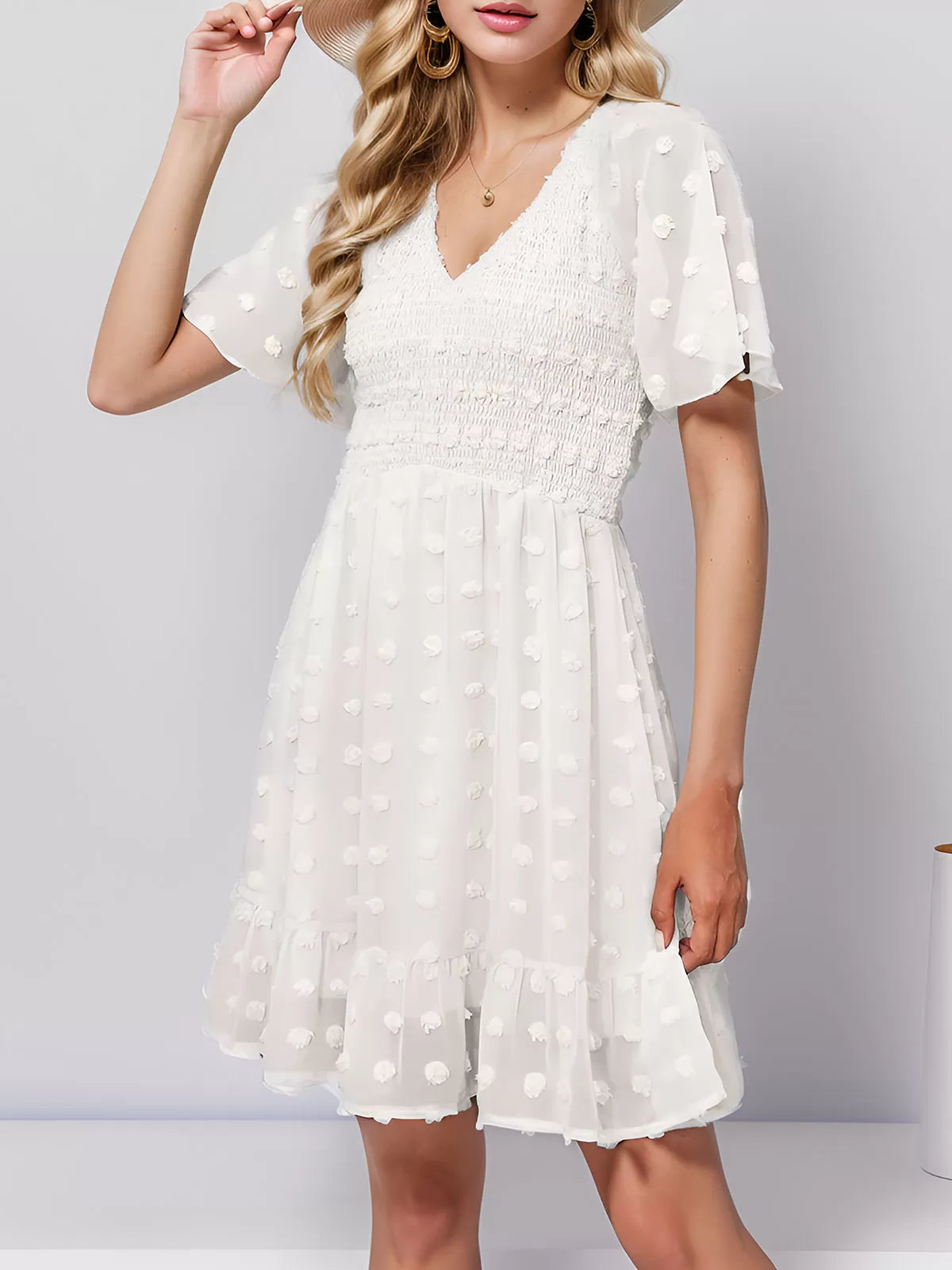 Wrinkle V-neck Flounce A-line Dress