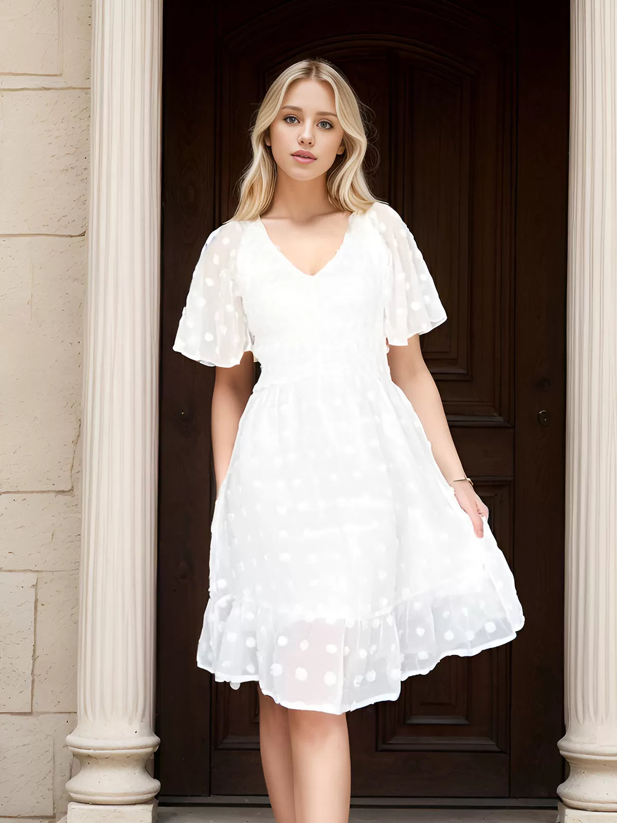Wrinkle V-neck Flounce A-line Dress