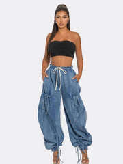 Y2K Harem Casual Streetwear Baggy Bind Denim Cargo Pants