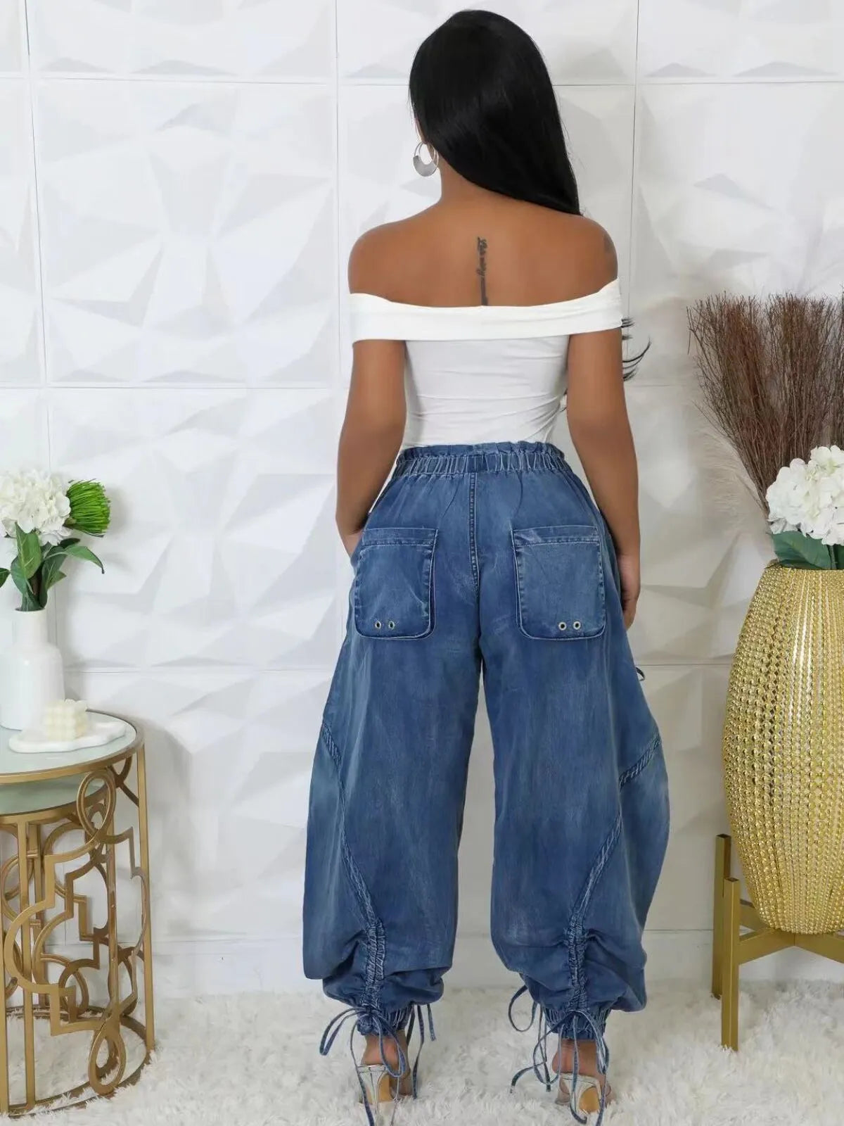 Y2K Harem Casual Streetwear Baggy Bind Denim Cargo Pants