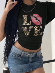 Y2k Leopard Love Pattern Graphic T-Shirt