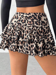 Y2K Leopard Print Knitted Sports And Streetwear Slim Layered Cake Culottes Anti-Exposure Skorts
