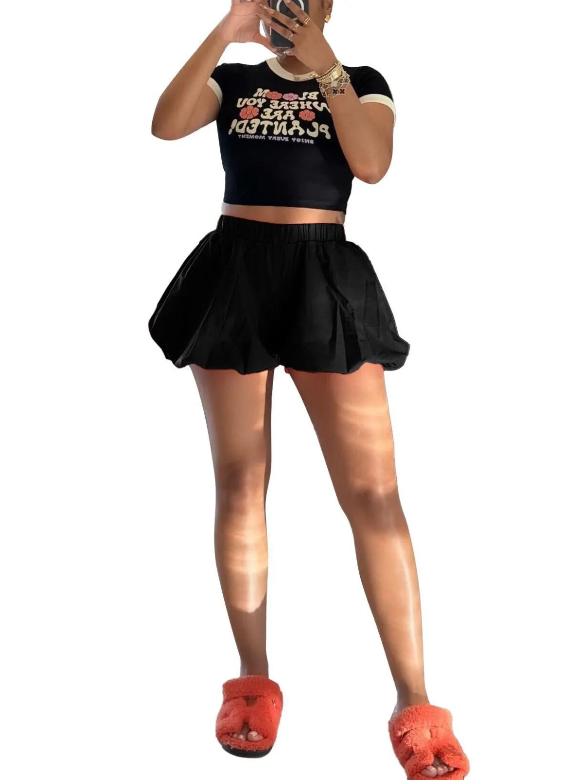 Y2K Solid Ruched Ruffle Trim Bloomers High Rise Shorts