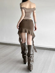 Y2K Streetwear irregular ruffles Pearls Ruched Medium Rise Skirt
