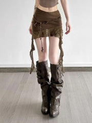 Y2K Streetwear irregular ruffles Pearls Ruched Medium Rise Skirt