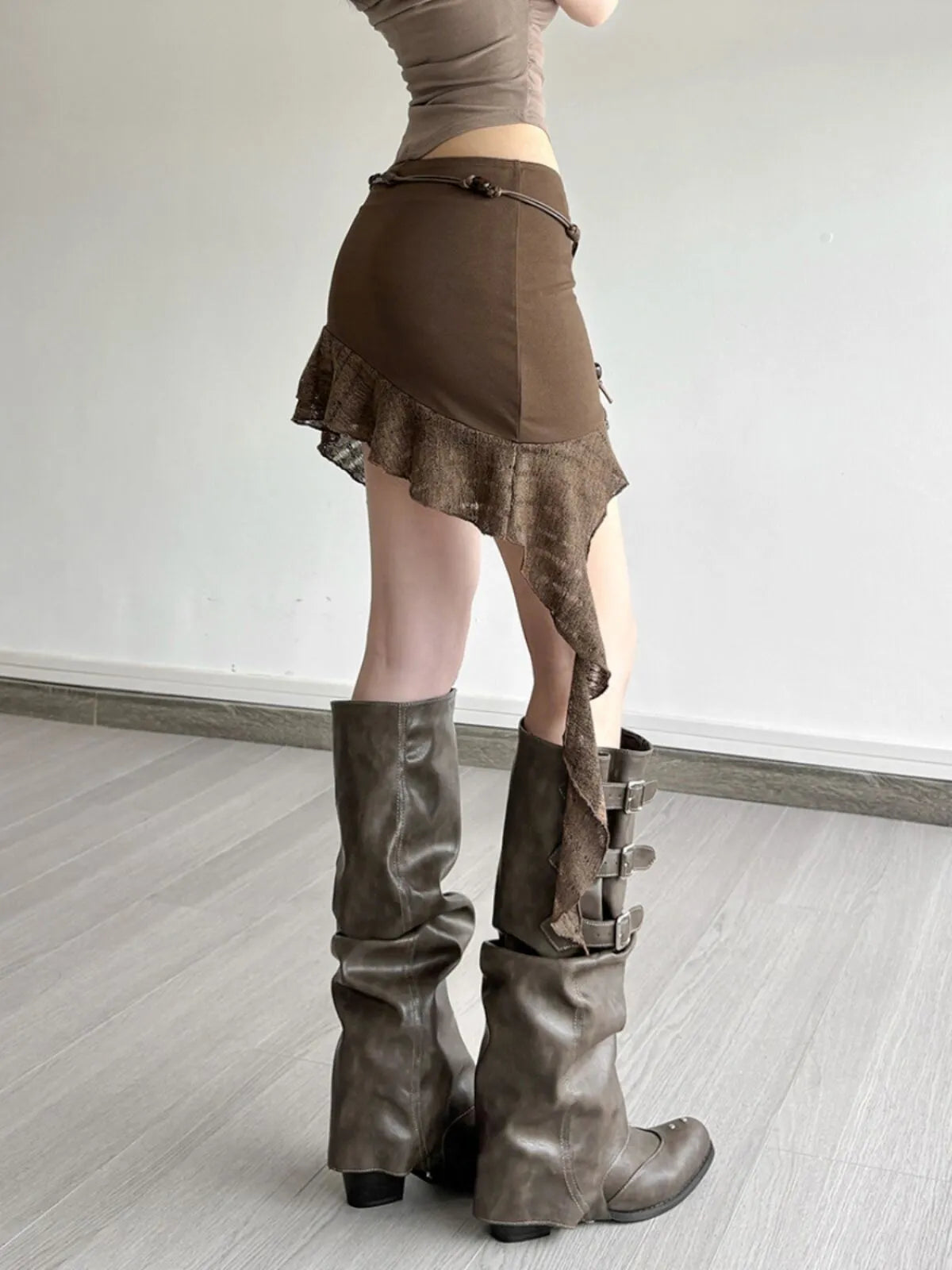 Y2K Streetwear irregular ruffles Pearls Ruched Medium Rise Skirt