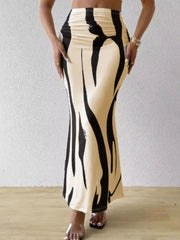 Zebra Stripe Rib-knit Medium Rise Elastic Waist Maxi Skirt