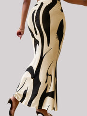 Zebra Stripe Rib-knit Medium Rise Elastic Waist Maxi Skirt