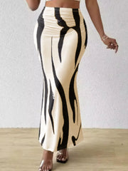 Zebra Stripe Rib-knit Medium Rise Elastic Waist Maxi Skirt