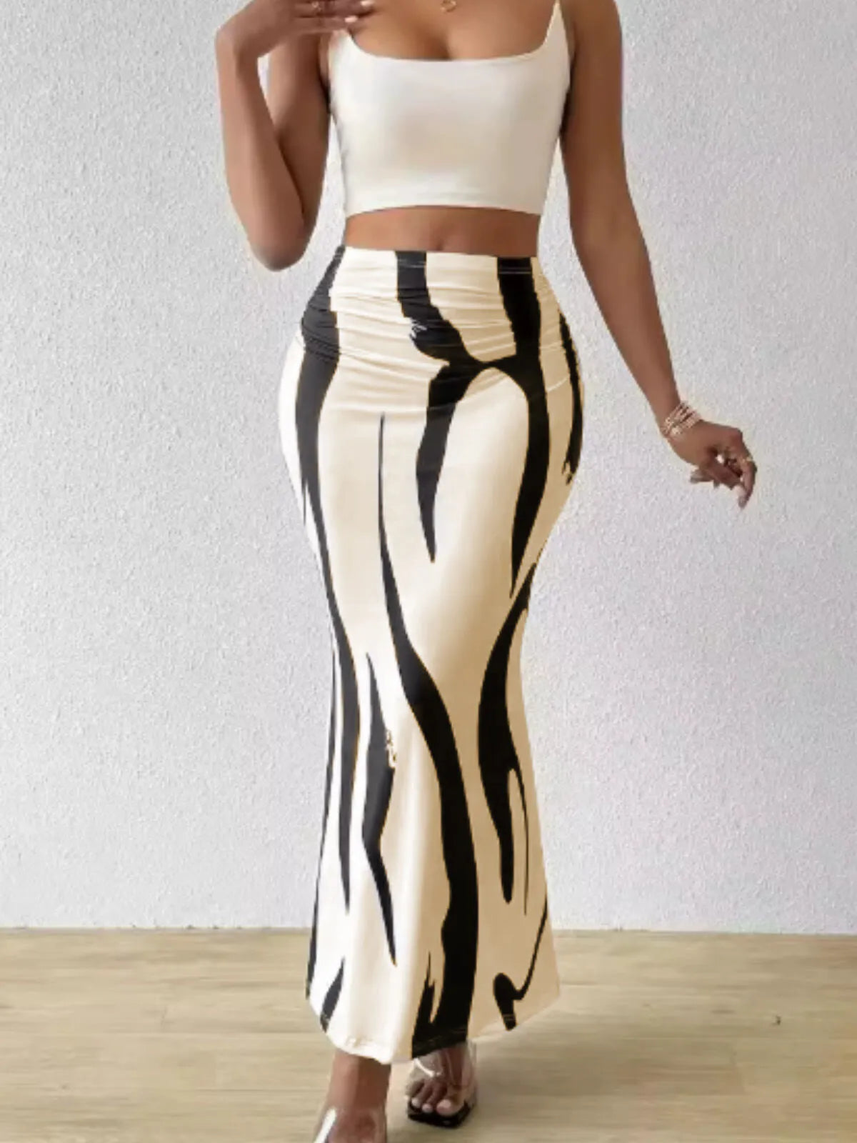 Zebra Stripe Rib-knit Medium Rise Elastic Waist Maxi Skirt